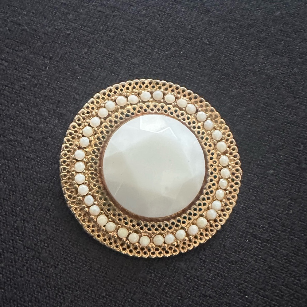 Vintage 1950s Gold-Tone White Stone Round Statement Brooch